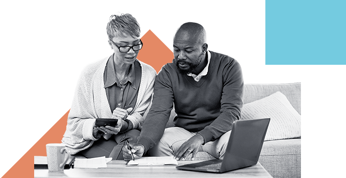 A man helping his mother with her personal checking account using Nationwidetrustuk Bank's banking solutions