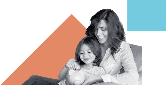A mother and daughter depositing money into a piggy bank